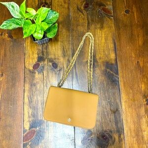 Tory Burch Emerson  Brown Carmel cognac Crossbody HandBag chain strap Leather